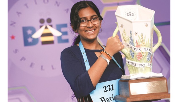 Harini Logan from San Antonio, Texas, with her trophy after winning the annual Scripps National Spelling Bee held at National Harbour in Oxon Hill, Maryland, US.