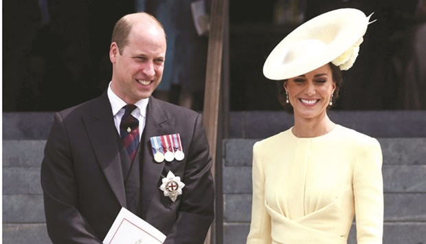 Prince William and Catherine, Duchess of Cambridge, leave at the end of the National Service of Thanksgiving for The Queenu2019s reign at Saint Paulu2019s Cathedral in London yesterday.