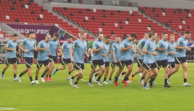 Australia players during their training session on Monday, ahead of the Asian World Cup qualifier against the UAE at the Ahmad Bin Ali Stadium in Rayyan. PICTURES: Noushad Thekkayil