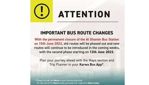 Mowsalat (Karwa) has added some new routes while removing some old ones. The changes will be in place from June 12. An official statement said that the changes are initiated in line with the decision to close Al Ghanim Bus Station permanently from June 15.