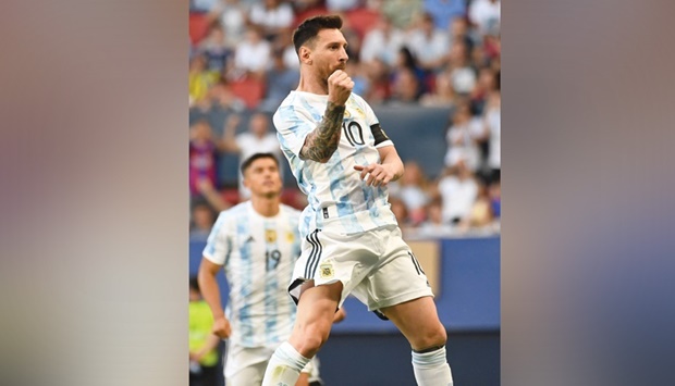 Argentinau2019s Lionel Messi celebrates after scoring a goal during the international friendly match against Estonia at the El Sadar Stadium in Pamplona. (AFP)