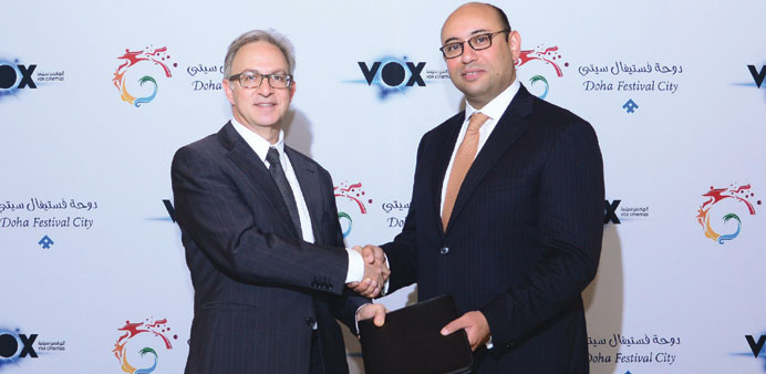    Basrec CEO Kareem M Shamma and Majid Al Futtaim Ventures CEO Ahmed Galal Ismail during the ceremony which marks the entry of Vox Cinemas to the Qat