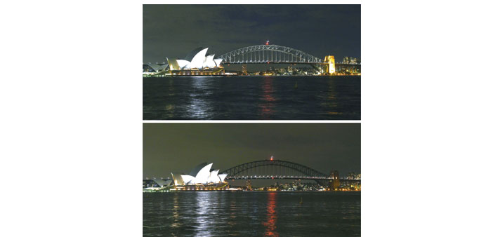 The Sydney Harbour Bridge is plunged into darkness for the Earth Hour environmental campaign, among the first landmarks around the world to dim their 