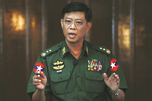 Deputy Major General and chief of military intelligence Mya Tun Oo addresses a press conference in Yangon yesterday.