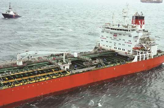 The tanker Seafrontier following a collision with the cargo ship Huayan Endeavour in waters between France and Britain.