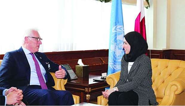 HE Sheikha Alia Ahmed bin Saif al-Thani meeting with Secretary-General of the International Chamber of Commerce , John Danilovich, in New York.