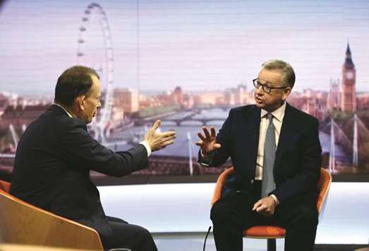 Secretary of State for Environment, Food and Rural Affairs, Michael Gove, speaks on the BBCu2019s Andrew Marr Show in London yesterday.