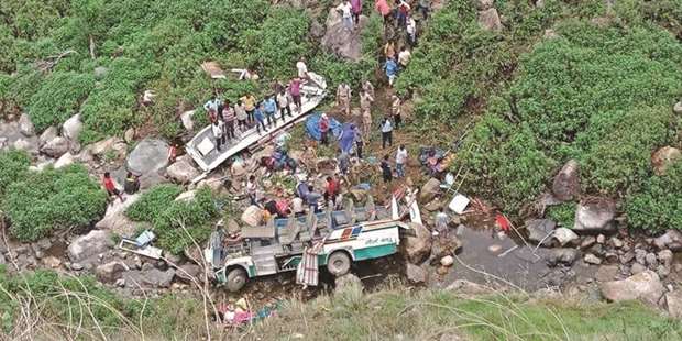 Rescue operations underway after a bus fell into a 60m gorge near the Queens Bridge in Uttarakhandu2019s Pauri Garhwal district yesterday.