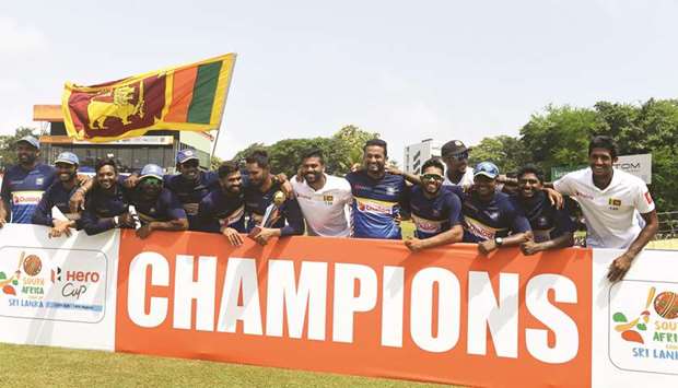 Sri Lankan players pose after their series victory over South Africa at the Sinhalese Sports Club (SSC) in Colombo yesterday.
