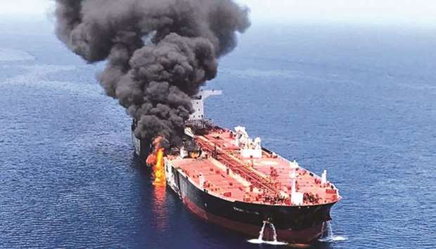 An oil tanker is seen after it was attacked in the Gulf of Oman, in waters between Gulf states and Iran, on June 13.