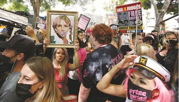 People protest in support of Britney Spears on the day of a conservatorship case hearing at Stanley Mosk Courthouse in Los Angeles, California.