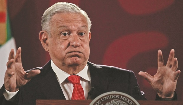 Lopez Obrador gestures during his daily morning press conference in Mexico City yesterday.