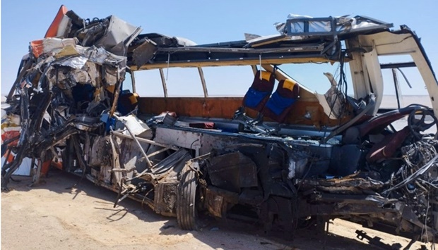 The remains of a bus after it crashed into a truck on a road in al-Minya Governorate south of the the Egyptian capital. AFP