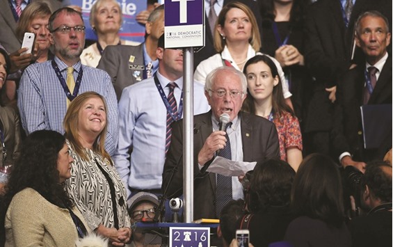 Bernie Sanders speaking at  the Democratic National Convention at the Wells Fargo Center, Philadelphia, last month.