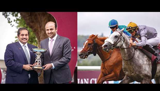 Qatar Racing and Equestrian Club general manager Nasser Sherida al-Kaabi (left) presents the trophy to Al Shaqab Racingu2019s executive director Khalifa bin Mohamed al-Attiyah after Khataab won the Doha Cup (Gr1 PA) at Deauville, France, yesterday.  RIGHT IMAGE: Jockey Jerome Cabre (right) rides Al Shaqab Racingu2019s Khataab to victory in the Doha Cup (Gr1 PA) at Deauville, France, yesterday. PICTURES: Zuzanna Lu2019upa