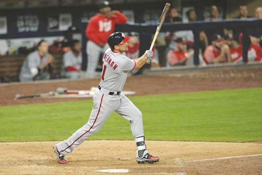 Washington Nationals first baseman Ryan Zimmerman hits an eighth inning solo home run against the San Diego Padres at Petco Park in San Diego on Thursday. (USA TODAY Sports)