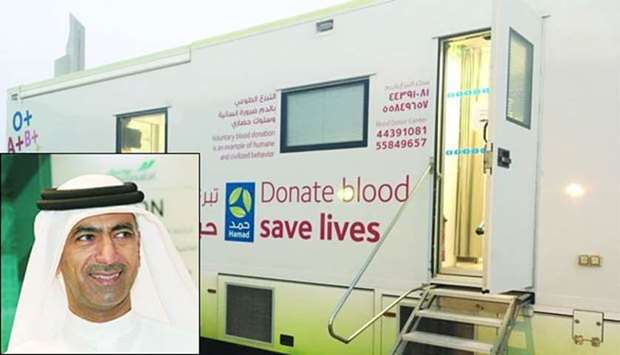 Hamad Medical Corporationu2019s mobile blood donation unit. Inset, Mowasalat managing director Khaled Nasser al-Hail.