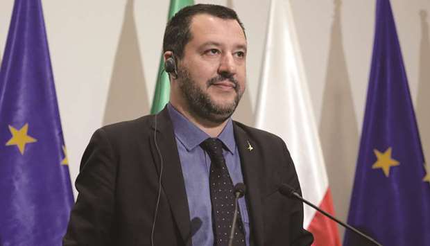 Matteo Salvini, leader of Italyu2019s League, speaks in front of European Union (EU) flags during a news conference in Warsaw (file).