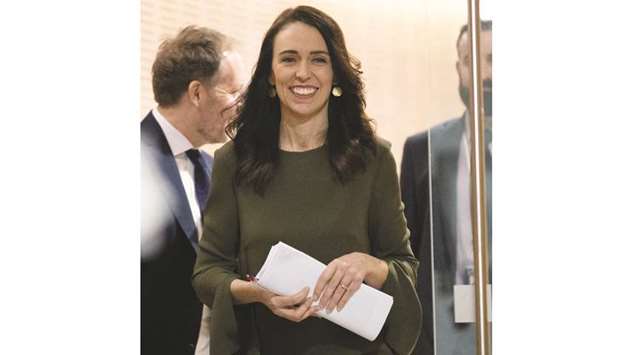 Prime Minister of New Zealand Jacinda Ardern arrives at a press conference to speak to media about changing the 2020 general election date at the Parliament in Wellington yesterday.