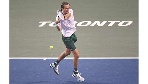 Daniil Medvedev of Russia plays a shot against James Duckworth of Australia during fourth round play in the National Bank Open at Aviva Centre in Toronto. (USA TODAY Sports)