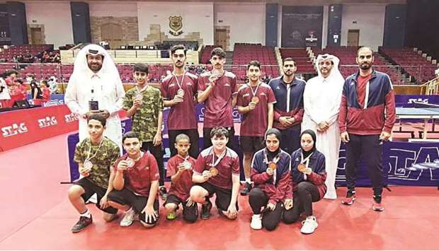 Qataru2019s Ahmed al-Mohannadi and Mohamed Abdel Wahab in action during the menu2019s doubles final at the Arab Table Tennis Championships in Amman, Jordan, on Monday.