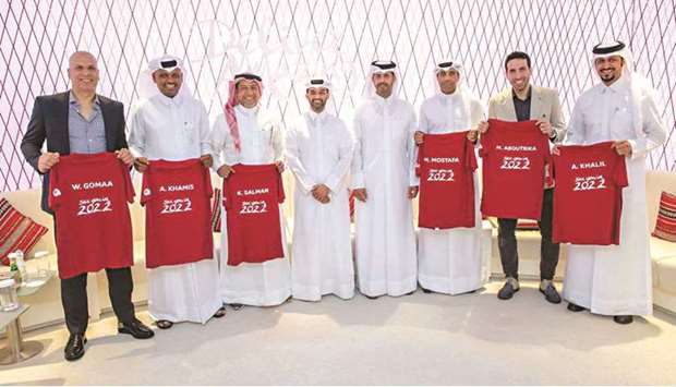 Supreme Committee for Delivery & Legacy (SC) Secretary-General Hassan al-Thawadi and FIFA World Cup Qatar 2022 CEO Nasser al-Khater with SC ambassadors.