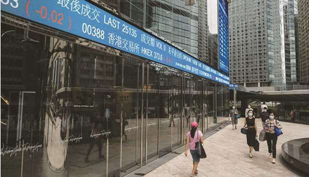 Pedestrians walk past an electronic ticker displaying the share price of Hong Kong Exchanges & Clearing at the Exchange Square complex in Hong Kong. The Hang Seng Index closed down 1.8% to 24,849.72 points yesterday.