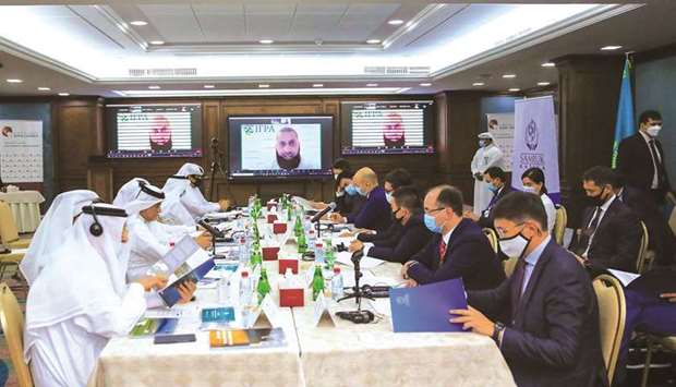 Participants of Qatar-Kazakhstan Business Council meeting hosted by Qatar Chamber. The meeting was jointly presided by its respective representatives, Mohamed bin Ahmed al-Obaidly of Qatar Chamber and Almassadam Satkaliyev, who is representing the Kazakh side.