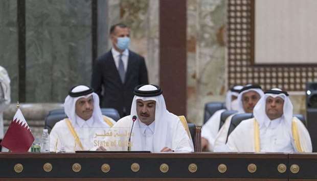 HH the Amir Sheikh Tamim bin Hamad al-Thani speaking at the opening session of the Baghdad Conference for Co-operation and Partnership.