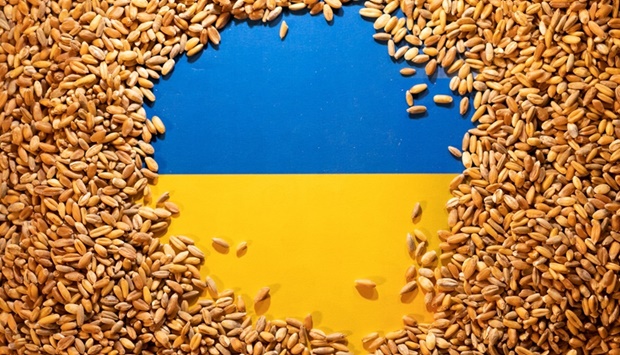 Ukrainian flag is covered with grains in this picture illustration taken on May 9, 2022.