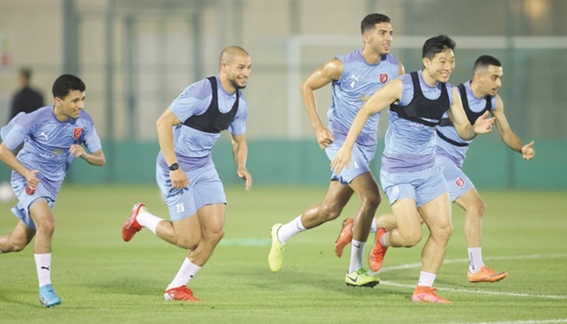 Al Duhail players during their practice session ahead of their QNB Stars League match against Al Markhiya.