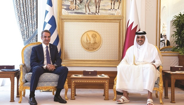 His Highness the Amir Sheikh Tamim bin Hamad al-Thani and Prime Minister of the Hellenic Republic Kyriakos Mitsotakis held an official talks session at the Amiri Diwan on Monday.