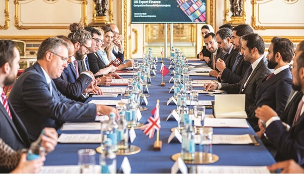 HE the Minister of Commerce and Industry Sheikh Mohamed bin Hamad bin Qassim al-Thani and UK Minister for International Trade Ranil Jayawardena during the third session of the Qatar-UK Joint Economic & Trade Committee held in London.