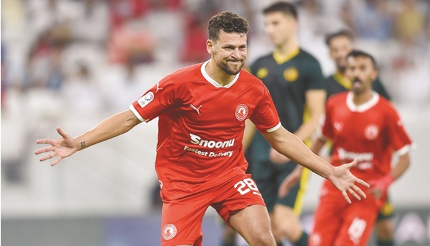 Al Arabiu2019s Youssef Msakni celebrates after scoring against Al Shamal during their QNB Stars League match at the Al Thumama Stadium on Wednesday. PICTURE: Noushad Thekkayil