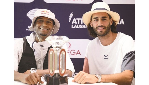 Qataru2019s Mutaz Essa Barshim (left) and Italyu2019s Gianmarco Tamberi during a press conference yesterday, ahead of the Diamond League meeting in Lausanne.