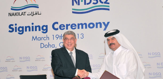    HE Sheikh Mohamed bin Fahd al-Thani and Mohamed Ghannam shaking hands after signing the contract for building the countryu2019s first u201cfast luxuryu201d ves