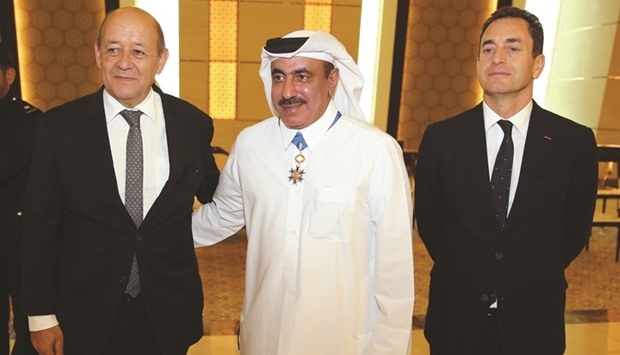 HE the Minister of Transport and Communications Jassim Seif Ahmed al-Sulaiti with French Defence Minister Jean-Yves Le Drian and ambassador Eric Chevallier.