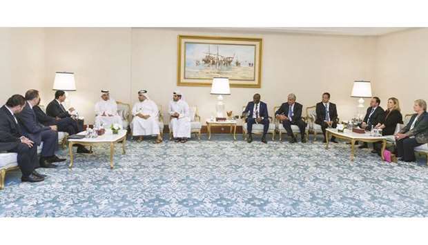 HE the Prime Minister and Minister of Interior Sheikh Abdullah bin Nasser bin Khalifa al-Thani meeting tourism ministers and heads of delegations participating at the official celebration of World Tourism Day 2017 in Doha yesterday.