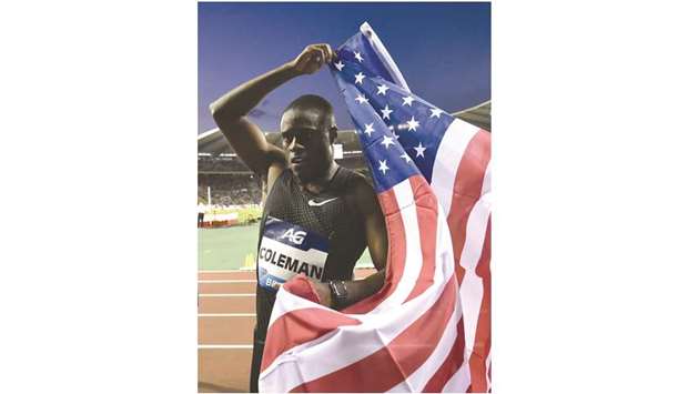 US athlete Christian Coleman celebrates after winning the menu2019s 100m final of the Memorial Van Damme athletics event, the last meeting of the IAAF Diamond League competition in Brussels. (AFP)