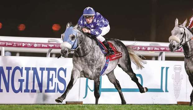 In this April 5, 2018, picture, Cristian Demuro rides Gazwan to victory in the Qatar Gold Sword in Doha. The duo will line up for the Qatar Cup u2014 Prix Dragon (Group 1 PA) today at Longchamp in Paris.