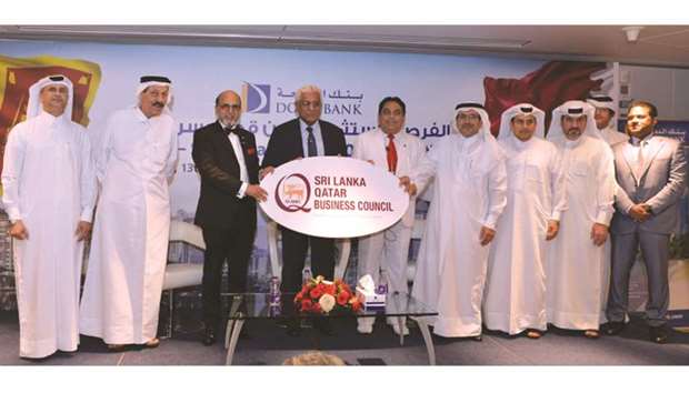 Doha Bank CEO Dr R Seetharaman joins Sri Lankau2019s central bank governor Dr Indrajit Coomaraswamy; Public Debt Department superintendent and registrar Dr Mohamed Z M Aazim; Sri Lankan ambassador A S P Liyanage, and other dignitaries during the u20182018 Qatar-Sri Lanka Bilateral Opportunitiesu2019 held in Doha.