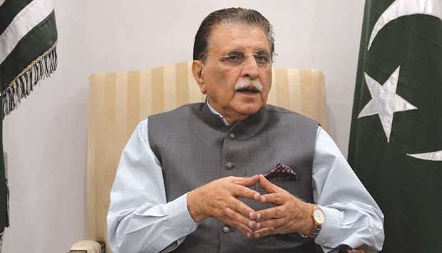 Pakistan-administered Kashmir premiere Raja Farooq Haider gestures as he speaks to media in Islamabad yesterday.