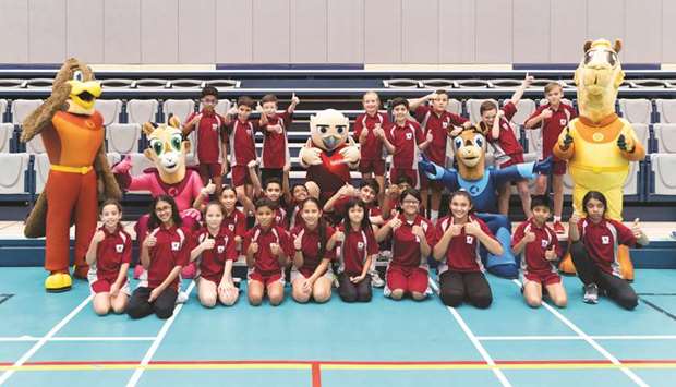 IAAF World Athletics Championships Doha 2019 mascots with Oryx International School students.