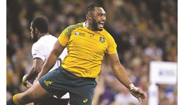 In this September 23, 2015, picture, Australiau2019s Sekope Kepu celebrates scoring a try against Fiji in their IRB Rugby World Cup match at the Millennium Stadium in Cardiff, Wales. (Reuters)