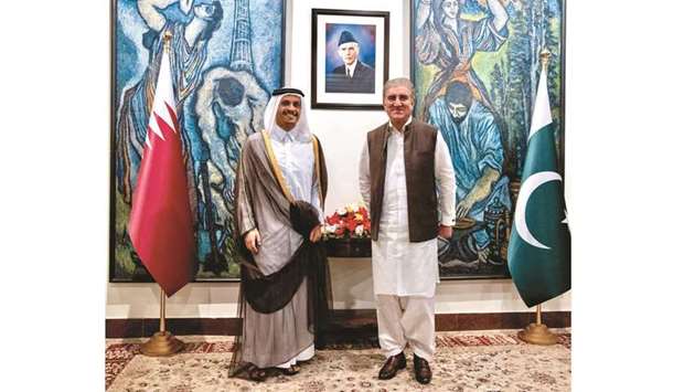 HE the Deputy Prime Minister and Minister of Foreign Affairs Sheikh Mohamed bin Abdulrahman al-Thani with Pakistanu2019s Minister of Foreign Affairs Makhdoom Shah Mahmood Qureshi and Chief of Army Staff General Qamar Javed Bajwa.