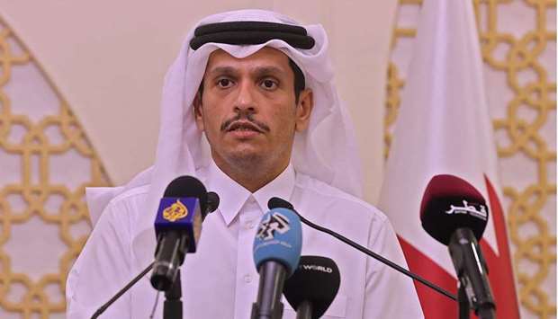 HE the Deputy Prime Minister and Minister of Foreign Affairs Sheikh Mohammed bin Abdulrahman Al-Thani speaking at a joint press conference with his French counterpart in Doha.