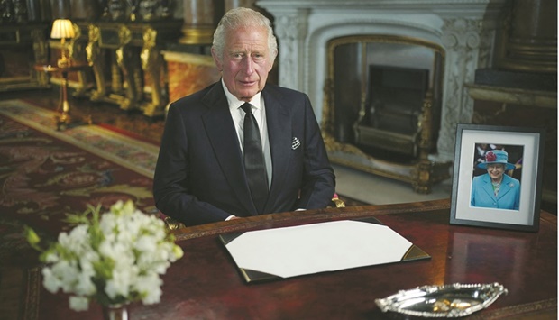 Britainu2019s King Charles III makes a televised address to the nation and the Commonwealth from the Blue Drawing Room at Buckingham Palace in London yesterday.