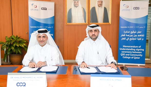 The MoU was signed by QSEu2019s acting CEO Abdul Aziz Nasser al-Emadi, and CCQ president Dr. Khalid Mohamed al-Horr.