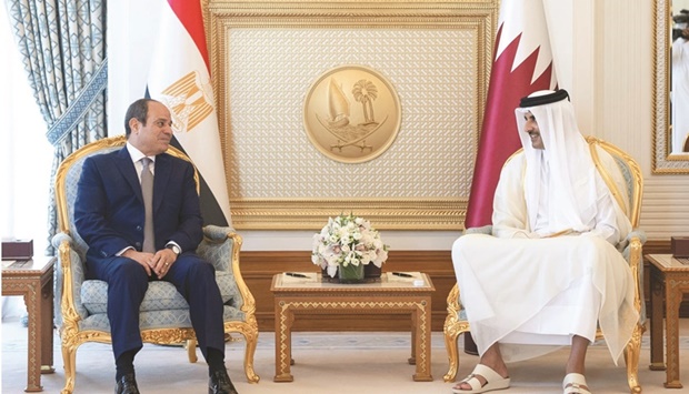 His Highness the Amir Sheikh Tamim bin Hamad al-Thani and Egyptian President Abdel Fattah El-Sisi held an official talks session at the Amiri Diwan on Wednesday