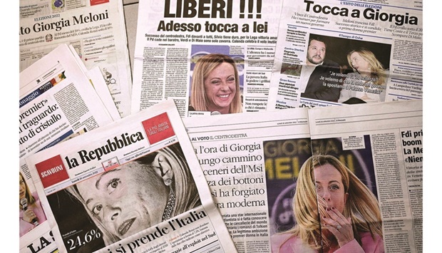 NEWSMAKER: This combo picture shows front pages of Italian newspapers citing Italian far-right party u201cFratelli du2019Italiau201d (Brothers of Italy) leader Giorgia Meloniu2019s victory in the general elections on Sunday. (AFP)